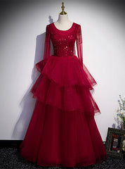 Burgundy Tulle Long Sleeve Beading Prom Dresses