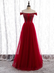 Burgundy Tulle Off the Shoulder Beading Prom Dresses