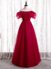 Burgundy Tulle Off the Shoulder Pleats Prom Dresses