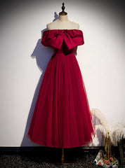 Burgundy Tulle Off the Shoulder Prom Dresses