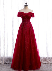 Burgundy Tulle Off the Shoulder Sequins Beading Prom Dresses