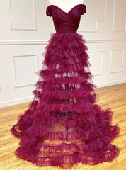 Burgundy Tulle Pleats Off the Shoulder Prom Dresses