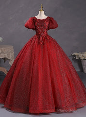 Burgundy Tulle Puff Sleeve Appliques Beadng Quinceanera Dress