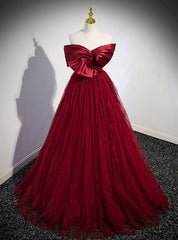 Burgundy Tulle Satin Off the Shoulder Prom Dresses