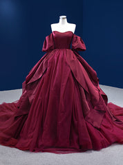 Burgundy Tulle Satin Puff Sleeve Prom Dresses