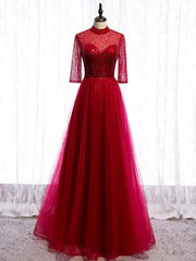 Burgundy Tulle Sequins Backless Short Sleeve Prom Dresses