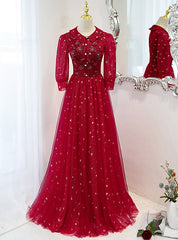 Burgundy Tulle Sequins Beading Short Sleeve Prom Dresses