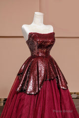 Burgundy Tulle Sequins Long Prom Dress, A-Line Strapless Evening Party Dress