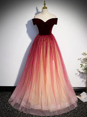 Burgundy Tulle Sequins Off the Shoulder Prom Dresses