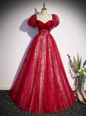 Burgundy Tulle Sequins Puff Sleeve Prom Dresses