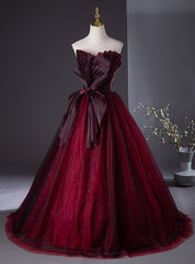 Burgundy Tulle Sequins Strapless Pleats Prom Dresses