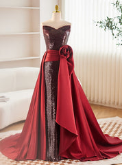 Burgundy Tulle Sequins Strapless Prom Dresses