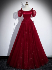 Burgundy Tulle Sequins Straps Puff Sleeve Prom Dresses