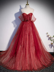 Burgundy Tulle Sequins Sweetheart Prom Dresses