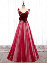 Burgundy Tulle Sequins Velvet V-neck Beading Prom Dresses