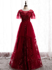 Burgundy Tulle Seuqins Short Sleeve Beading Prom Dresses