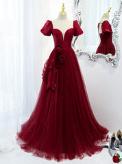 Burgundy Tulle Short Sleeve Backless Pleats Prom Dresses