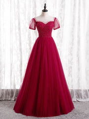 Burgundy Tulle Short Sleeve Scoop Neck Prom Dresses