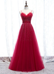 Burgundy Tulle Spagehtti Straps Beading Prom Dresses