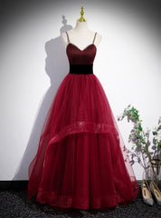 Burgundy Tulle Spaghetti Straps Backless Prom Dresses