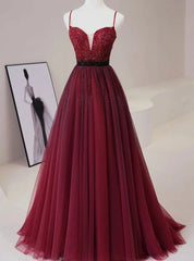 Burgundy Tulle Spaghetti Straps Beaded Prom Dresses