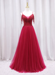 Burgundy Tulle Spaghetti Straps Beading Prom Dressess