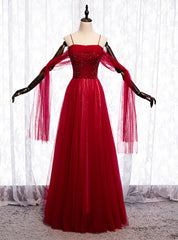 Burgundy Tulle Spaghetti Straps Beading Sequins Prom Dresses