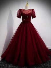 Burgundy Tulle Spaghetti Straps Prom Dresses With Detachable Top