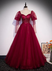 Burgundy Tulle Square Long Sleeve Beading Prom Dresses