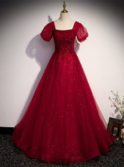 Burgundy Tulle Square Puff Sleeve Beading Prom Dresses