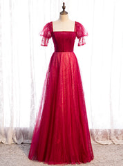 Burgundy Tulle Square Short Sleeve Beading Prom Dresses