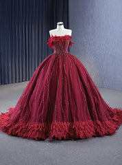 Burgundy Tulle Strapless Beading Feather Prom Dress