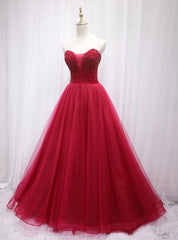 Burgundy Tulle Strapless Beading Prom Dresses