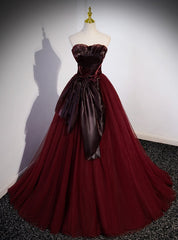 Burgundy Tulle Strapless Pleats Bow Prom Dresses