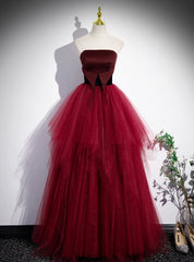 Burgundy Tulle Strapless Prom Dresses