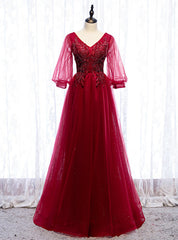 Burgundy Tulle V-neck Puff Sleeve Beading Prom Dress