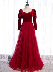 Burgundy Tulle Velvet Long Sleeve Square Long Prom Dresses