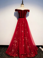 Burgundy Tulle Velvet Off the Shoulder Prom Dresses