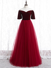 Burgundy Tulle Velvet Off the Shoulder Short Sleeve Prom Dresses