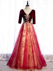 Burgundy Tulle Velvet Sequins V-neck Short Sleeve Prom Dresses