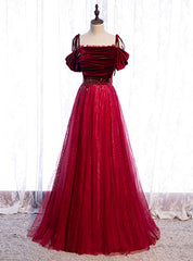 Burgundy Tulle Velvet Spaghetti Straps Beading Prom Dresses