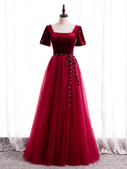 Burgundy Tulle Velvet Square Short Sleeve Prom Dresses