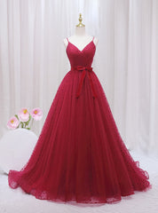 Burgundy Tulle Wave Point Prom Dresses