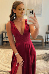 Burgundy V Neck Lace Long Prom Evening Dresses with High Slit