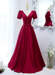 Burgundy V-neck Short Sleeve Pearls Prom Dresses