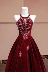 Burgundy Velvet Beaded Long Prom Dresses, Elegant A-Line Evening Party Dresses