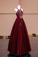 Burgundy Velvet Beaded Long Prom Dresses, Elegant A-Line Evening Party Dresses