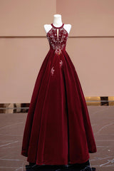 Burgundy Velvet Beaded Long Prom Dresses, Elegant A-Line Evening Party Dresses