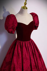 Burgundy Velvet Long A-Line Prom Dress, Burgundy Short Sleeve Evening Dress