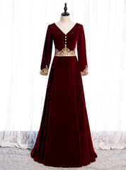 Burgundy Velvet Long Sleeve Appliques V-neck Prom Dresses